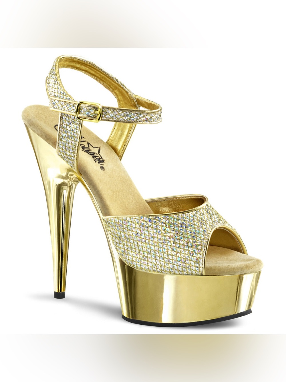 Pleaser Gold Rhinestone Platform Peep-Toe Ankle-Strap Heels